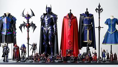 3D printed cosplay props and miniatures showcased together 3D printed cosplay props and miniatures showcased together
