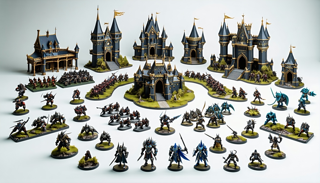 A collection of finely detailed 3D printed tabletop miniatures and gaming pieces.